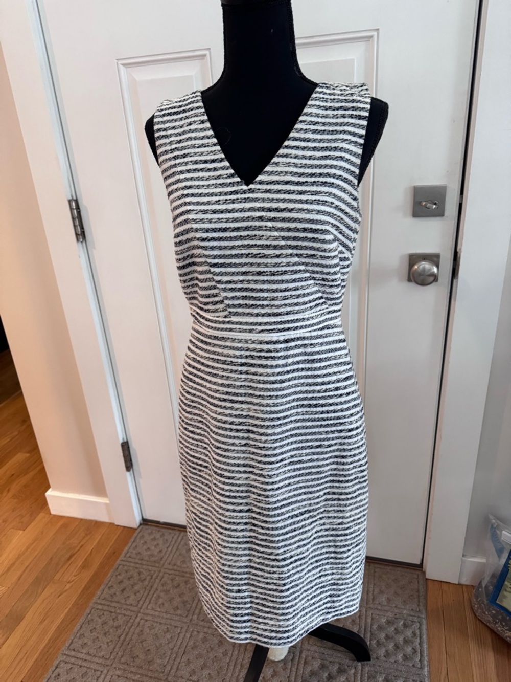 J. Crew Black and White Striped V-Neck Midi Dress